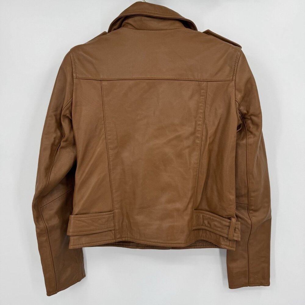 Quince Women's Cognac Leather Motorcycle Jacket size XS Sheep Leather Belted - Picture 12 of 16